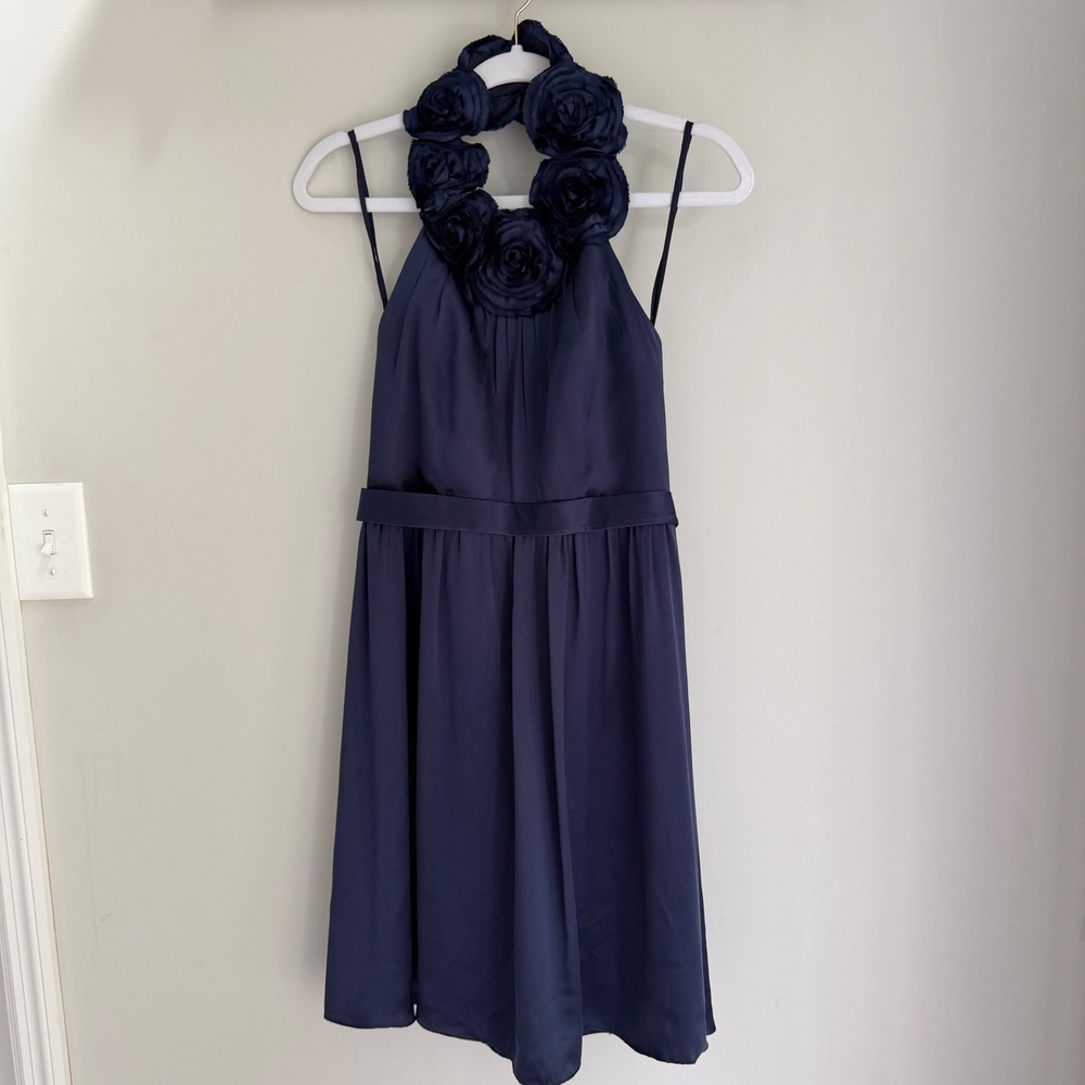 Melissa Sweet 100% Silk Saphire Blue Rosette Flower Halter Short Dress Size 6